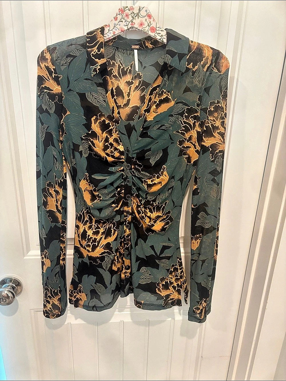 Free People Floral Long Sleeve Blouse in Green & Brown Size XS Like New